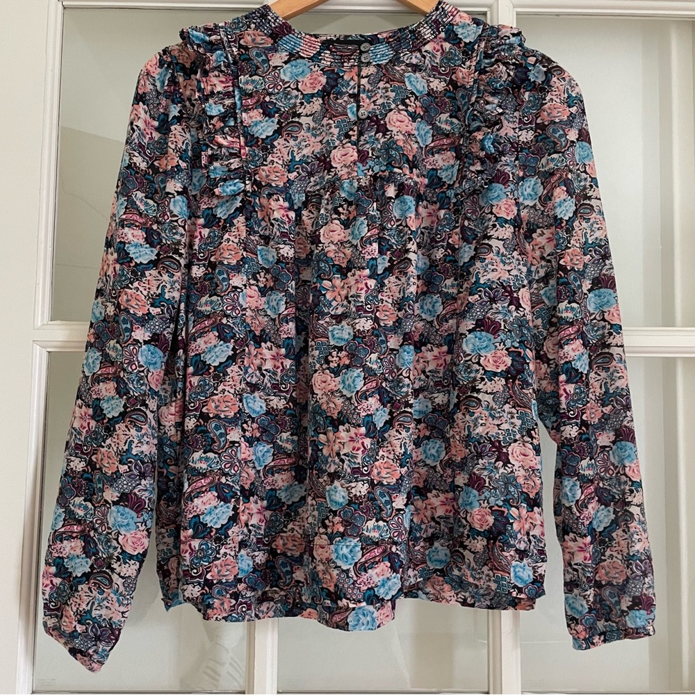 J Crew ruffle floral print silk cotton long sleeve blouse blue pink h2201 med M
